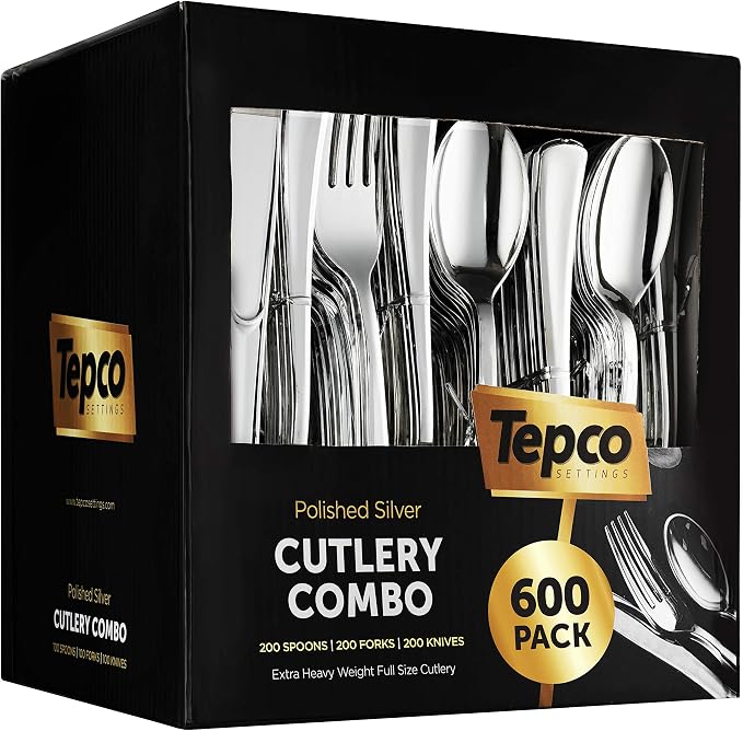 600 Plastic Silverware Set - Plastic Cutlery Set - Disposable - Flatware Set - 200 Forks - 200 Spoons - 200 Knives - Heavy Duty - Party Bulk - Silver