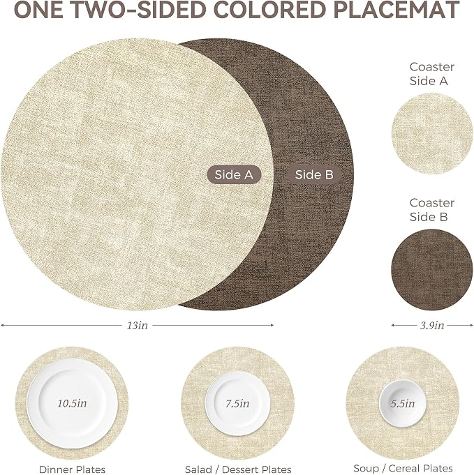 NCUE 13" Faux Leather Round Placemats Set of 4, Reversible Dual-Color | With 3.9" Coasters, 2 mm Vinyl Table Mats, Waterproof Wipeable Heat Resistant, Non-Slip Texture, for Dinner Party Home Decor