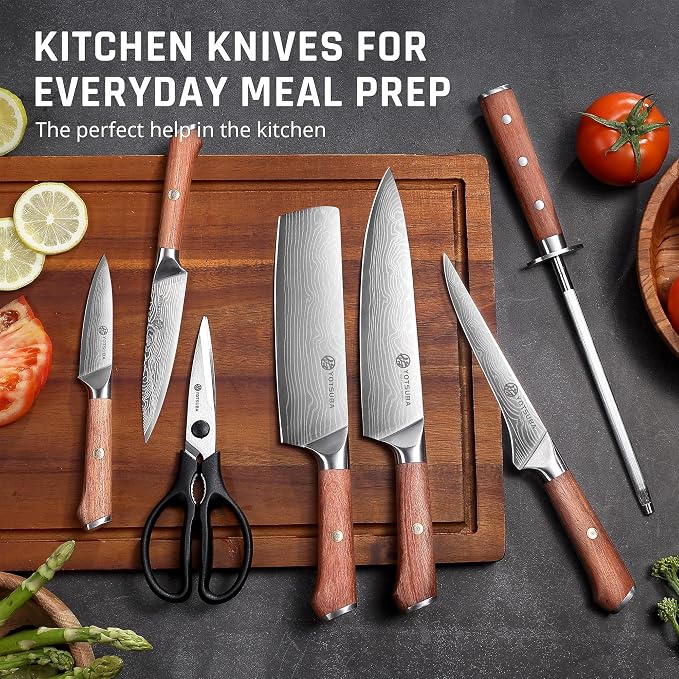 YOTSUBA 8 PCS Japanese Kitchen Knife Set with Block, Ultra Sharp Knives Set | Ergonomic Premium Natural Rosewood Handle, High Carbon Stainless Steel, Full Tang Construction, Poke-Proof Construction