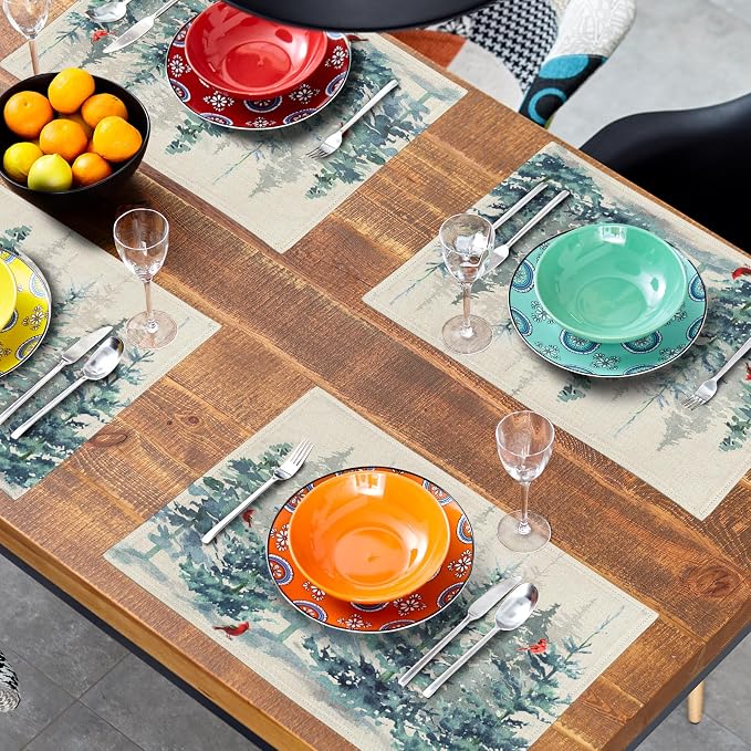 Winter Forest Tree Placemats Set of 4，Pine Tree Christmas Red Bird Heat Resistant Non Slip Place Mats Cotton Linen Tablemats for Dining Table Kitchen Decor 18 x 12 Inch