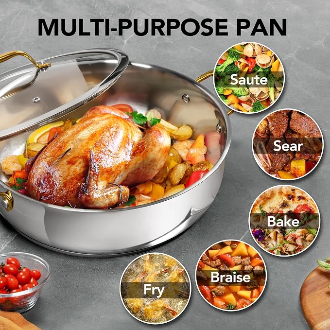 MICHELANGELO Stainless Steel Pan - 6 Quart Braiser Pan, 12 Inch Saute Pan with Glass Lid, Non-Coated Deep Frying Pan Induction Compatible & Dishwasher Safe