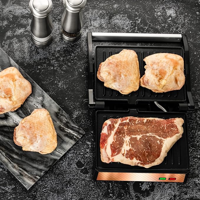 OVENTE Electric Indoor Panini Press Grill + Sandwich Maker, Copper GP0620CO | Opens 180 Degrees to Fit Any Type or Size of Food, 1000W Indoor Cooking Perfect for Quesadillas, Burgers & More