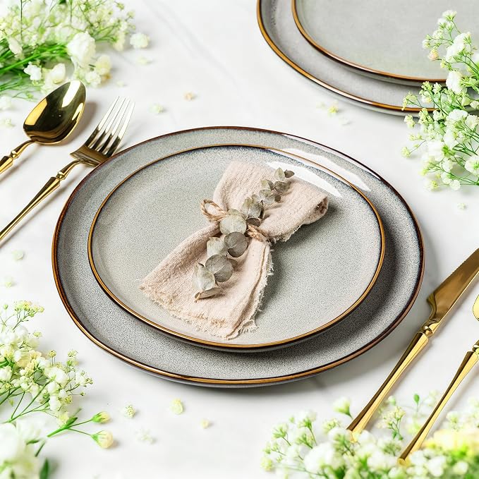 AmorArc Ceramic Dinnerware Sets for 8, 24Pcs Plates and Bowls Sets Dishes | Stoneware Handmade Reactive Glaze Dinner Set, Highly Scratch Resistant | Dishwasher & Microwave Safe Dishware