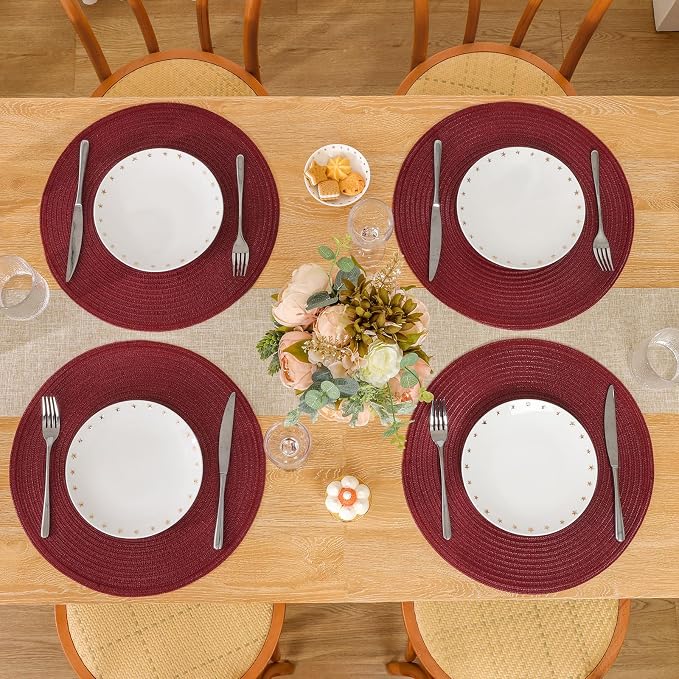 SHACOS Round Placemats Set of 6 for Dining Table 15 inch Round Braided Place Mats Washable Non Slip Kitchen Table Mats, Burgundy
