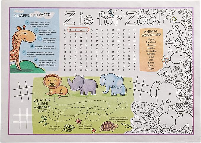 Disposable Paper Placemats – Premium, 50 Pack of Kids Zoo Scalloped Edge Placemats, Perfect Size 10x 14
