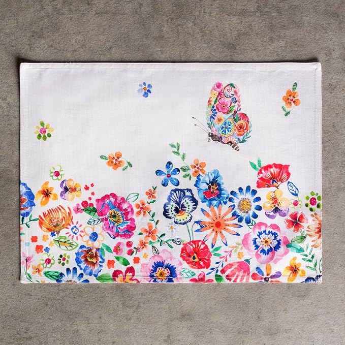 Maison d' Hermine Placemats Set of 4 Reusable 100% Cotton (13"x19") | Cloth Place Mats Washable Table Mats for Kitchen Dining Party Home Restaurant Spring Summer - Happy Florals - High Summer