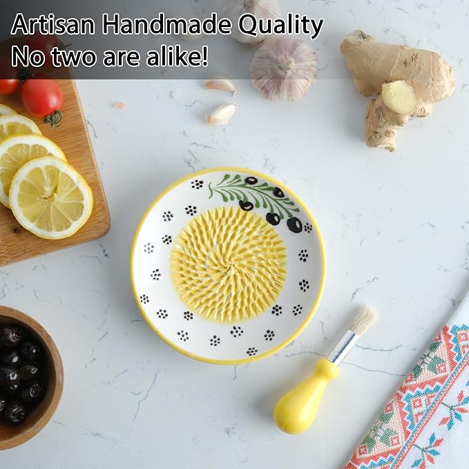 Handmade Ceramic Garlic Grater - 4 Pcs Garlic Press - Natural Ginger & Cheese Grinder - Decorative Mincer - Honey Yellow