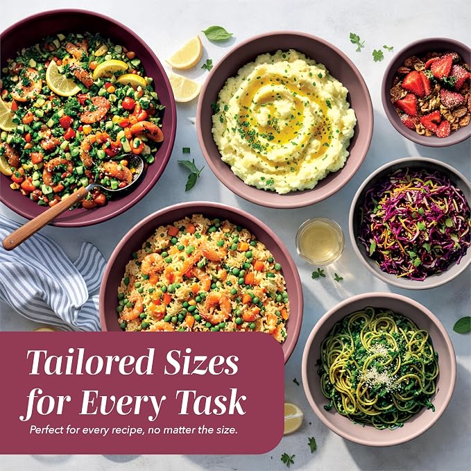 COOK WITH COLOR Mixing Bowls with Lids - 12 Piece Plastic Nesting Bowls Set includes 6 Prep Bowls and 6 Lids, Microwave Safe Mixing Bowl Set, Rose Rhombus