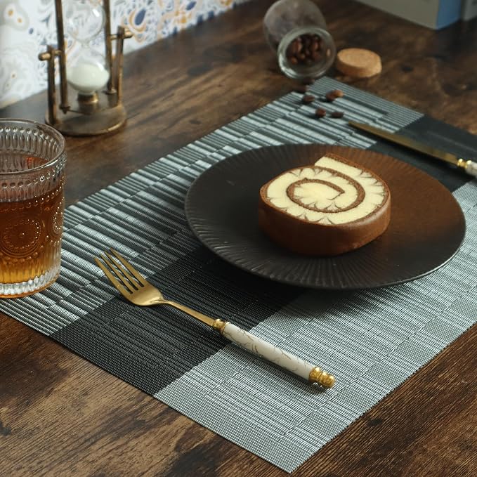 HeloHo Black Grey Stripe Placemats Set of 8, Heat-Resistant Washable Placemats Non-Slip Vinyl Woven Table Mats Wipeable Placemat for Kitchen Dining Table Decoration Indoor Outdoor