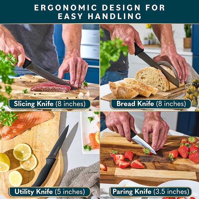 Home Hero 15-Piece Kitchen Knife Set - Knife Block Set | Black Stainless Steel Knife Set with Wooden Block - Built-In Sharpener, Ergonomic Handles & Nonstick Coating (15-Piece)