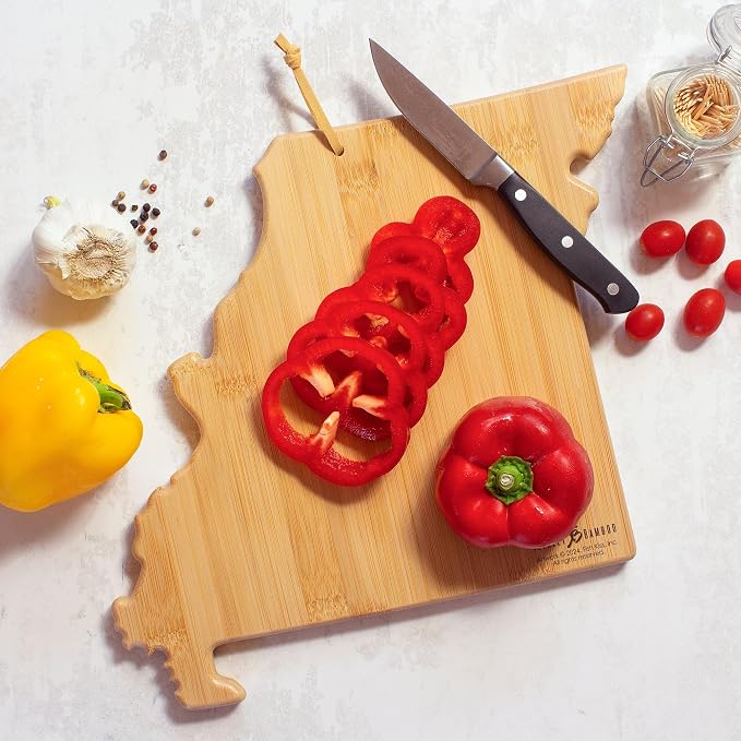 Totally Bamboo Missouri State Shaped Cutting Board, Art by Fish Kiss | State charcuterie board with colorful hand-drawn map artwork. Smooth reverse side for food prep. Hang tie for wall display.