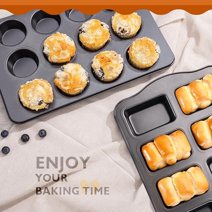 Nonstick Muffin Pan 12 Cup and Mini Loaf Pans 8 Cavity, Cupcake Tin for Baking and Small Banana Bread Tray - Grey