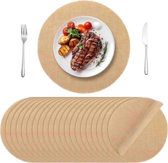 Aneco 50 Pieces Round Burlap Placemats 13.78 Inch Reusable Brown Table Mats Heat Resistant Natural Jute Fibers Placemats Burlap Circle Rustic Table Decorations for Dinner Holiday Farmhouse Decor