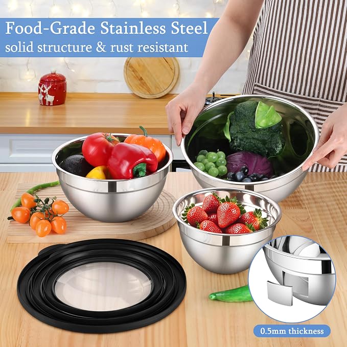 LIANYU Mixing Bowls Sets of 3, Stainless Steel Metal Bowl for Kitchen | Large and Small Size 4.6 & 3 & 1.5QT, Nesting and Stackable, Include Airtight Lids, Dishwasher & Freezer Safe, Black