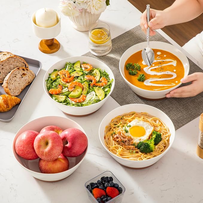 MALACASA Salad Bowls Set of 4, Soup Bowls for Kitchen, 60oz Ceramic Bowl | Large Deep Bowls for Ramen, Cereal, Fruit, Pho and Pasta, Microwave & Dishwasher Safe, Speckled, White & Brown, Series TARA
