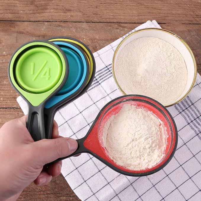 Collapsible Colander Set - 2 Pc Strainer Plus Food Grade Silicone Measuring Cups and Spoons - Pasta Strainer for Draining, Vegetables, Fruits 1 Medium 4-Quart & 1 Small 2-Quart - Home Essentials