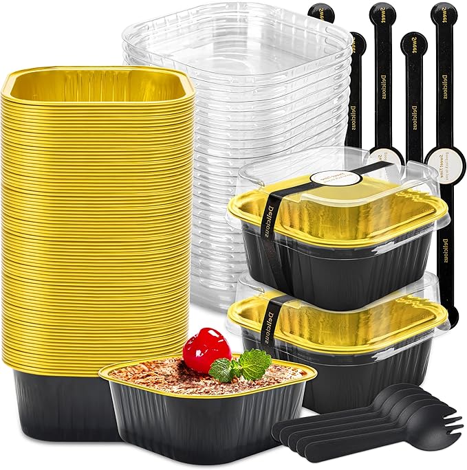 Square Foil Cups with Lids, 60 Pack Black Gold 5oz for Weddings | Use for brownies, mousse, cheesecake bites and chilled sweets; topping visibility supports counter display.