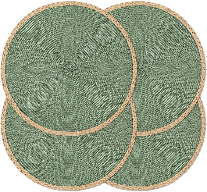 Round Placemats Set of 4, Woven Table Mats, Thin Edge, Green | Braided Paper Edge, 15 Inch Diameter, Fits Dinner Plate and Flatware, Wipeable, Heat Resistant, Indoor Dining, Outdoor Patio