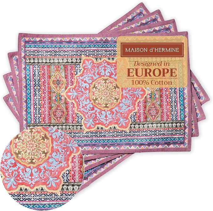 Maison d' Hermine Placemats Set of 4 Reusable 100% Cotton (13"x19") | Cloth Place Mats Washable Table Mats for Kitchen Dining Party Wedding Hotel Home Thanksgiving Christmas - Ispahan
