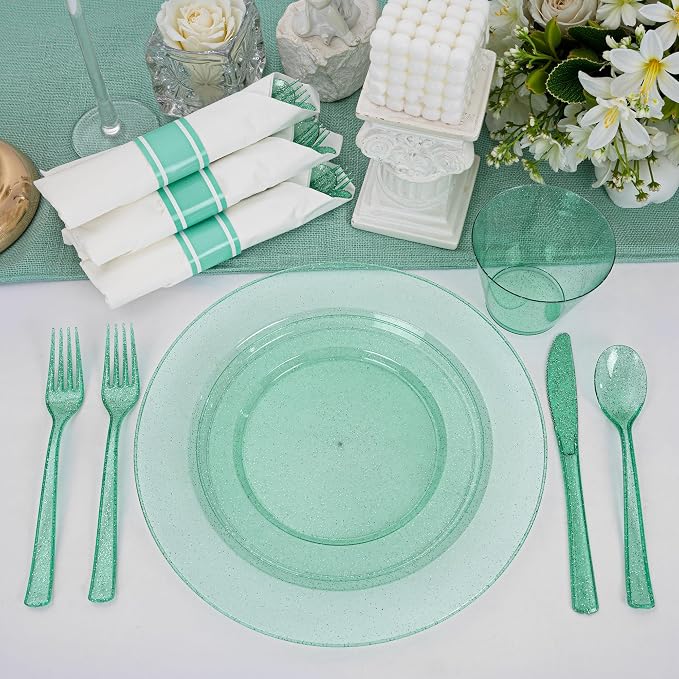 DaYammi 210PCS Green Glitter Plastic Dinnerware Set for 30 Guests, Fancy Disposable Plates for Party, Include: 30 Dinner Plates, 30 Dessert Plates, 30 Pre Rolled Napkins and 30 Cups