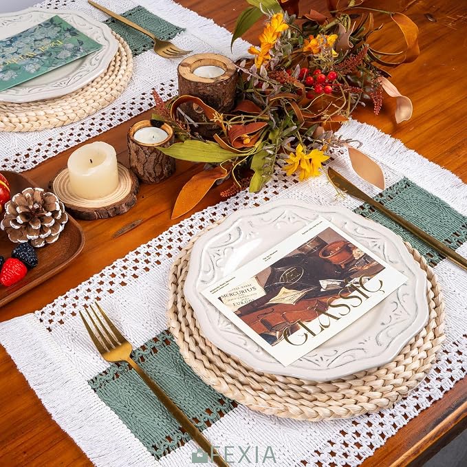 Sage Green Boho Placemats Set of 4 Table Mats Farmhouse Dining Decor | 12x20" Woven Burlap Place Mat with Tassel for Kitchen and Dining Table Centerpiece Home Decorations Rustic Boho Kitchen Decor