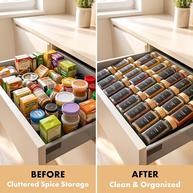 Glass Spice Jars with Label, 36x Bamboo Wooden Lids - Black Labels | Airtight Lids keep spices fresh, Kitchen Spice Drawer Organizer, 4oz Seasoning Containers incl. Funnel, Brush & 240 Labels