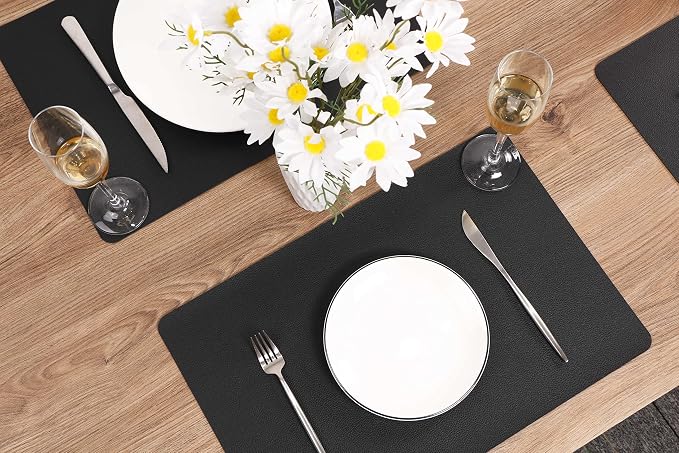 Wipeable Placemats Leather Table Mats Waterproof Heat-Resistant Easy to Clean for Dining Table Set Kitchen Table (2, Black)
