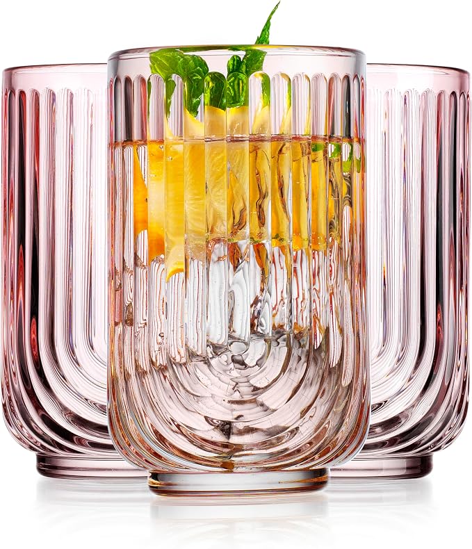 Glaver's Vintage Glassware Art Deco Glasses Ribbed Drinking Glasses U-Shape Arch Design Colored Cocktail Kitchen Tumblers Everyday Dinner Decorative Party Hand-Wash Only (Pink S/4 17oz)