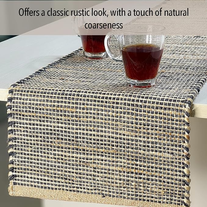 Natural Jute Table Runner 13x90 Inch – Vintage Boho Rustic Table Decor – Handwoven Table Runner in Natural Jute and Black – Farmhouse Dining or Console Table Accent