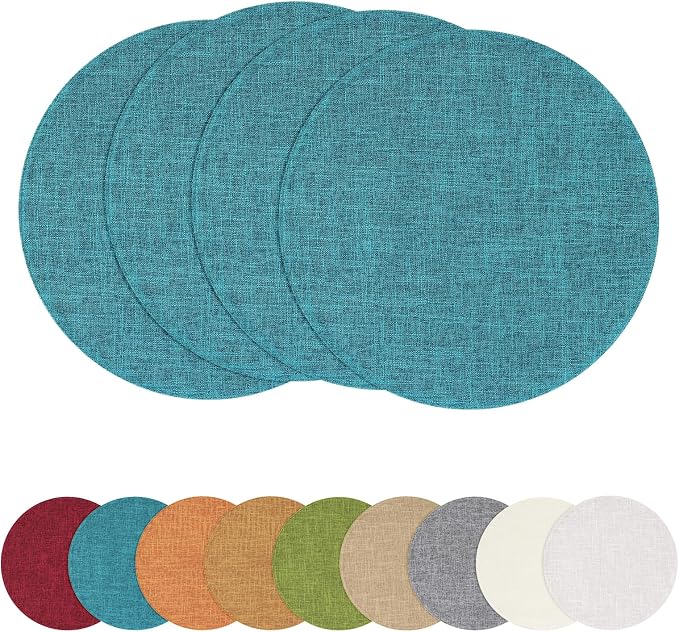 Cotton Linen 15 Inch Round Cloth Place mats, Set of 4, Teal | Washable Table Mats, Heat Resistant, Reversible, Wipeable Place Mats for Indoor Outdoor