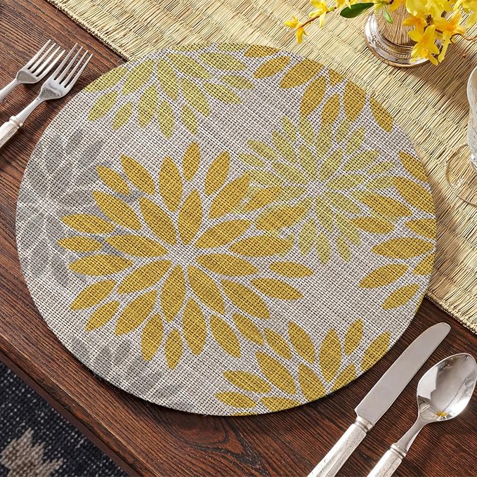 Artoid Mode Yellow Dahlia Plastic Round Placemats Set of 4, 14 Inch Seasonal Wipeable Woven Vinyl Table Mats for Farmhouse Party Kitchen Dining Decor