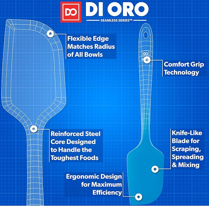 DI ORO Large Silicone Spatula - 600F Heat Resistant, Blue | Rubber scraper for baking, mixing, and frosting; Won't scratch nonstick pots and pans; BPA-free and dishwasher safe