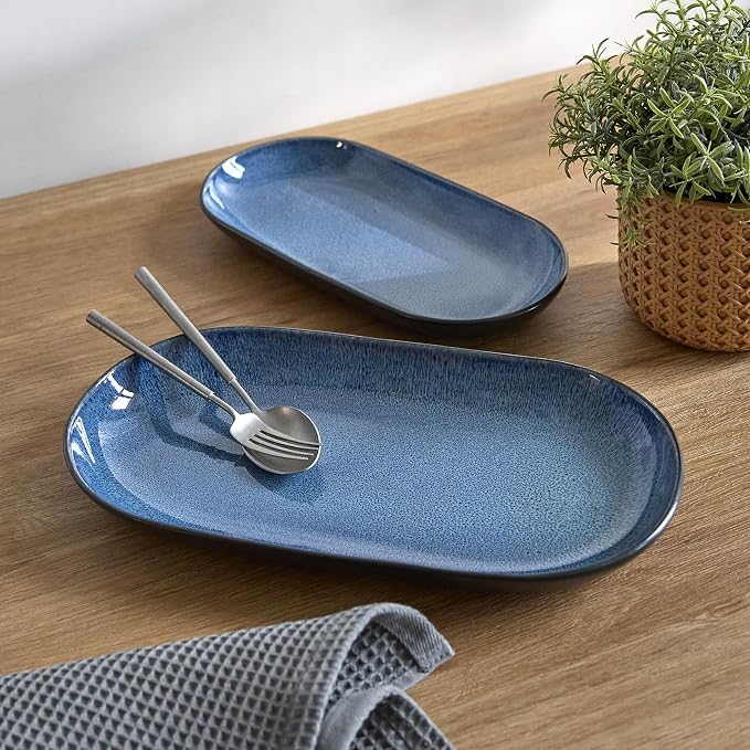 SANGO Resona Blue Serving Platters Set of 2, 14/12 Inch Stoneware Serving Dishes for Entertaining, Glossy Party Serving Trays with Reactive Glaze, Buffet Oval Platters for Bread, Appetizer, Cheese