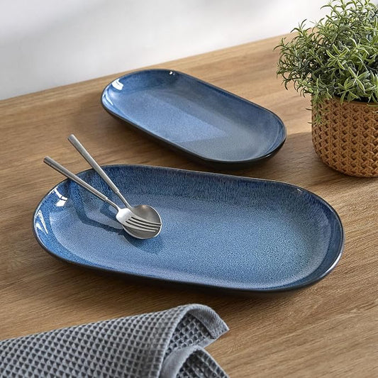 SANGO Resona Blue Serving Platters Set of 2, 14/12 Inch Stoneware Serving Dishes for Entertaining, Glossy Party Serving Trays with Reactive Glaze, Buffet Oval Platters for Bread, Appetizer, Cheese