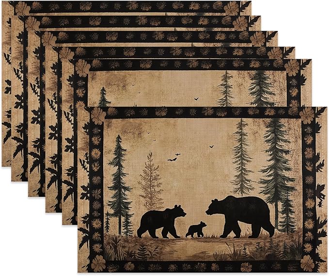 Bear Family Cloth Placemats,Vintage Forest Wildlife Heat-Resistant Table Placemats Set of 6, Washable Linen Place Mats for Dining Room Table Decor Home Restaurant Cafes Holiday Party 11.8x17.7 Inch