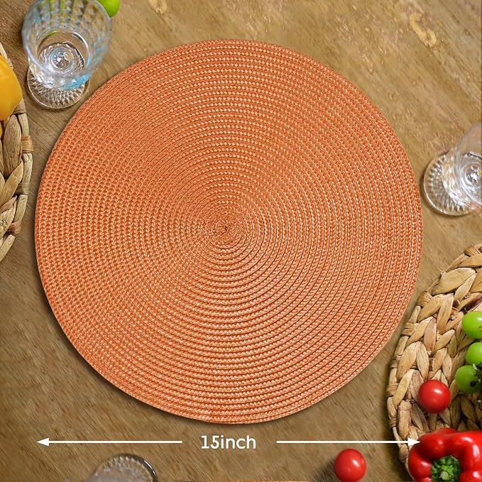 FunWheat Round Braided Placemats Set of 8 Table Mats for Dining Tables Woven Washable Non-Slip Place mats 15 inch(Pumpkin Orange,8pcs)