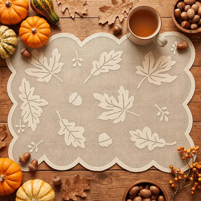 Artoid Mode Beige Maple Leaves Lace Fall Placemats Set of 4, 11x17 Inch Table Mats for Thanksgiving Party Dining Table Decoration
