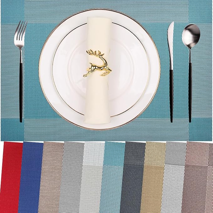 Vinyl Placemats Heat-Resistant Table Mats Washable Easy Clean Plastic Placemat for Kitchen Dining Table Set of 8 Indoor Outdoor (Baby Blue)