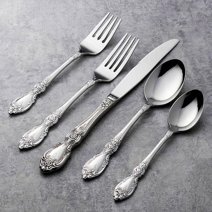 Oneida Wordsworth 45-Piece 18/0 Silverware Set for 8, Flatware | mirror finish, dishwasher safe | includes serving spoons and utensil set | cutlery set, wedding silverware