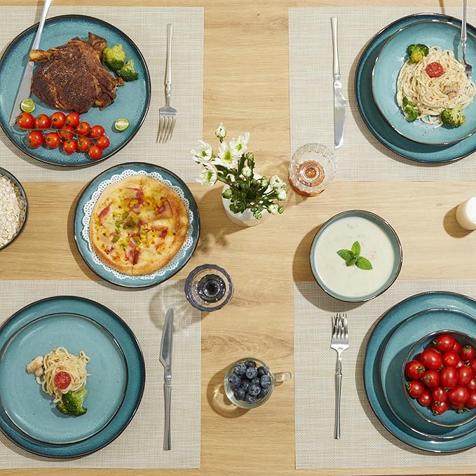 24 Piece Stoneware Dinnerware Set for 8, Reactive Glaze Plates and Bowls Sets | Designed for Holiday Dinners, Thanksgiving, Party Hosting | Durable Irregular Coastal Design, Green Black