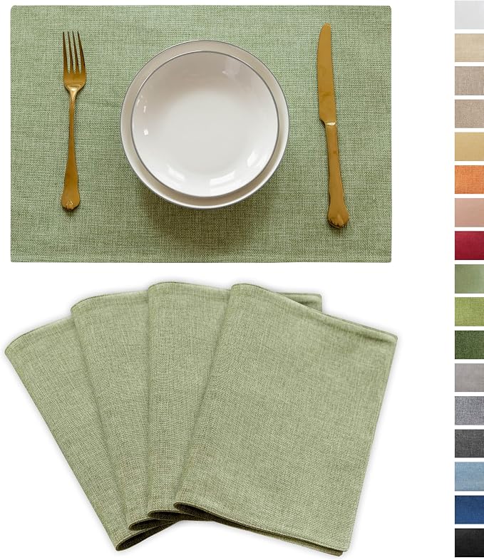 Demetex Green Placemat Set of 4 Washable Linen Textured Place Mats for Dinner Heat Resistant Sage Cloth Placemats Scratch Resistant Plate Mats for Dining Table Kitchen Summer, Green