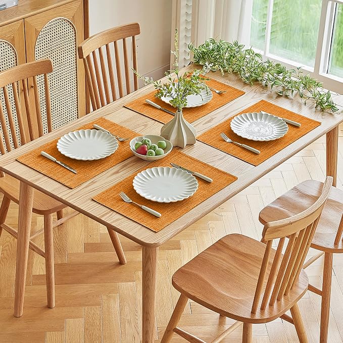 Softalker Faux Linen Placemats Set of 6-12 x 18 Inch, Heat Resistant Double Layered Durable Burlap Farmhouse Place Mats, Non-Slip Washable Rustic Table Mats for Dining, Kitchen, Party（Orange