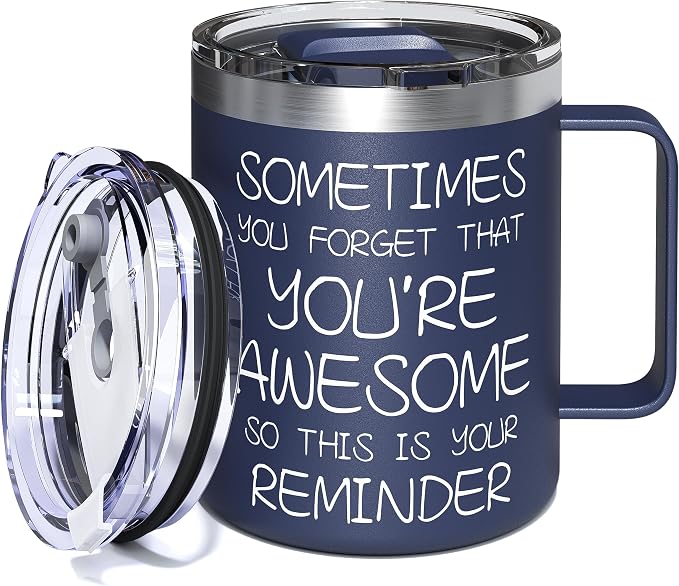 Inspirational Coffee Mug for Men, 12oz Insulated Stainless Steel Mug with Handle & 2 Lids – Sometimes You Forget You’re Awesome, Birthday & Appreciation Gift for Dad, Husband, Him, Navy Blue