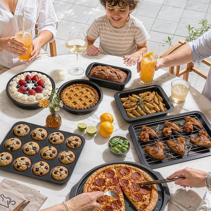 Bakeware Sets, Baking Pans Set with Kitchen Oven Mitts, Nonstick Oven Pan for Kitchen with Wider Grips, 12-Piece Including Rack, Cookie Sheet, Cake Pans, Loaf Pan, Muffin Pizza Pan
