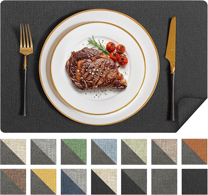 Romanstile Vinyl Placemats Set of 4, Reversible Faux Leather Heat Resistant Wipeable Table Mats, Waterproof Washable Non-Slip Table Placemats for Dining/Kitchen/Party/Outdoor (Black, 12" x 17")