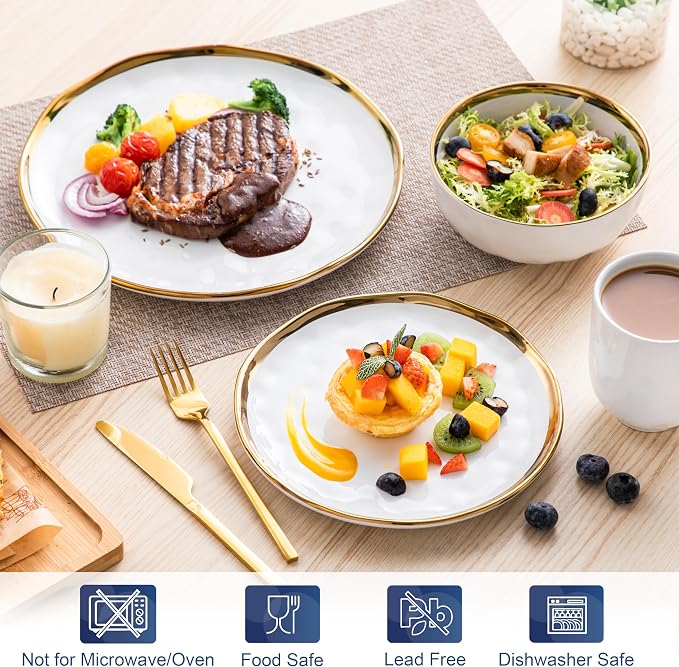 LOVECASA 16 Pieces Plates and Bowls Sets, Porcelain White and Gold Dinnerware Sets, Round Dinner Plates Dishes Set Service for 4, Dishwasher Safe and Scratch Resistant, White