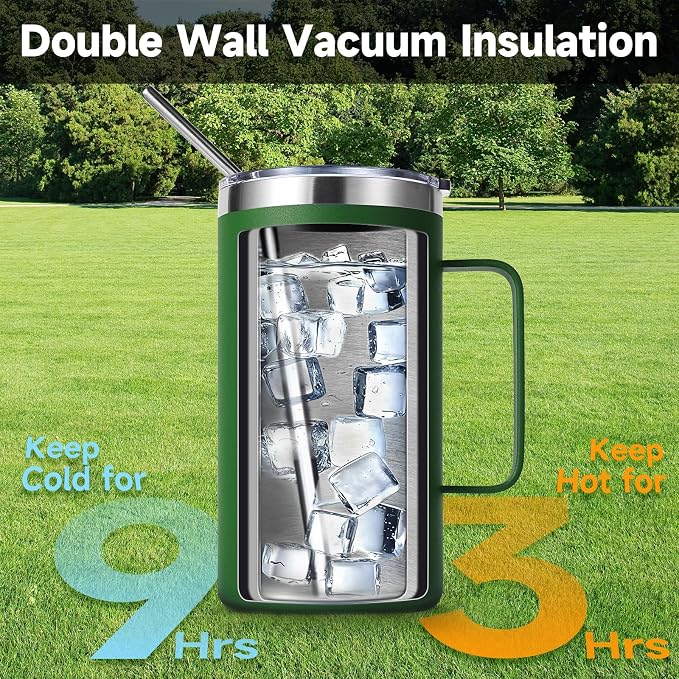 Volhoply 22oz Insulated Stainless Steel Coffee Mugs with Leakproof Lid Bulk 2 Pack,Double Wall Vacuum Travel Coffee Cup with Handle,Reusable Metal Tumbler,Camping Mug Keep Hot&Cold(Army Green,2)