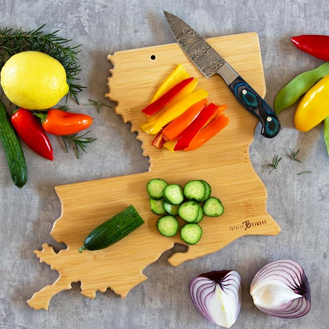 Totally Bamboo Louisiana State Shaped Cutting Board, Art by Fish Kiss | State charcuterie board with colorful hand-drawn map artwork. Smooth reverse side for food prep. Hang tie for wall display.