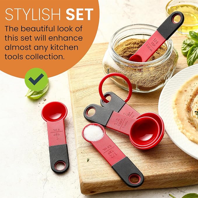 Spring Chef Set of 9 Plastic Magnetic Red Measuring Cups and Spoons | for Dry & Liquid Ingredients - Food Safe & BPA Free - Nesting Design - Dishwasher Safe