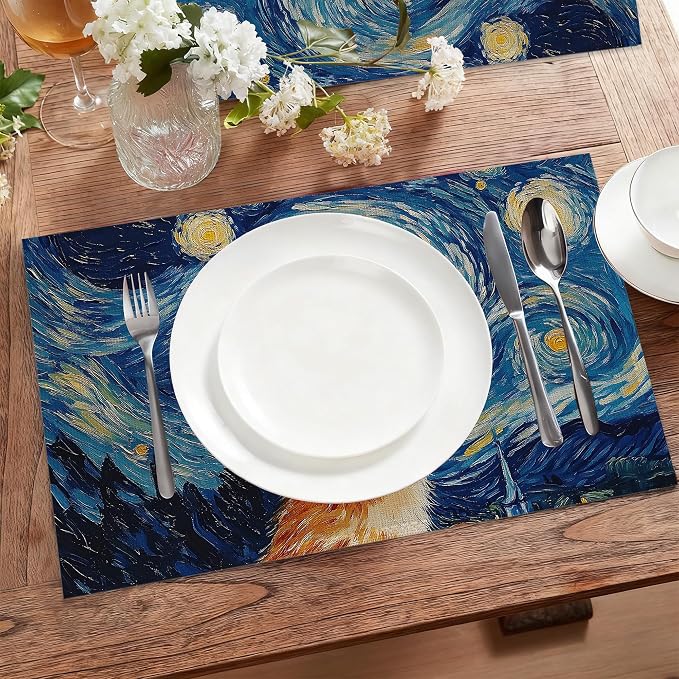 Cute Cat Cloth Placemats,Blue Starry Sky Heat-Resistant Table Placemats Set of 6, Washable Linen Place Mats for Dining Room Table Decor Home Restaurant Cafes Holiday Party 11.8x17.7 Inch